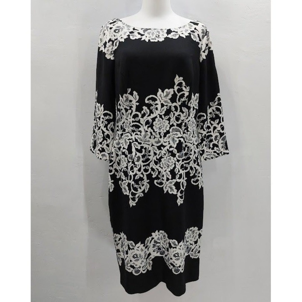 Adrianna Papell Sheath Dress Women's 12 Black White Floral Lace Print Cocktail